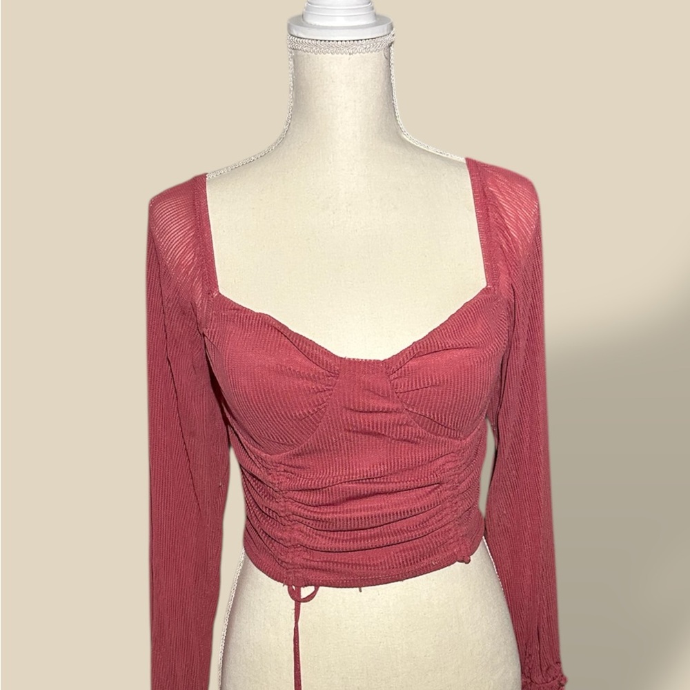 Pink Long Sleeve Ruched Crop Blouse